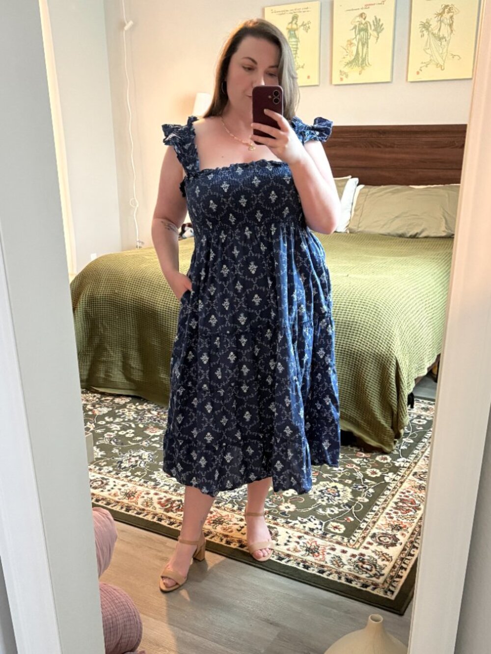 Smocked Navy Midi Dress with Ruffle Straps